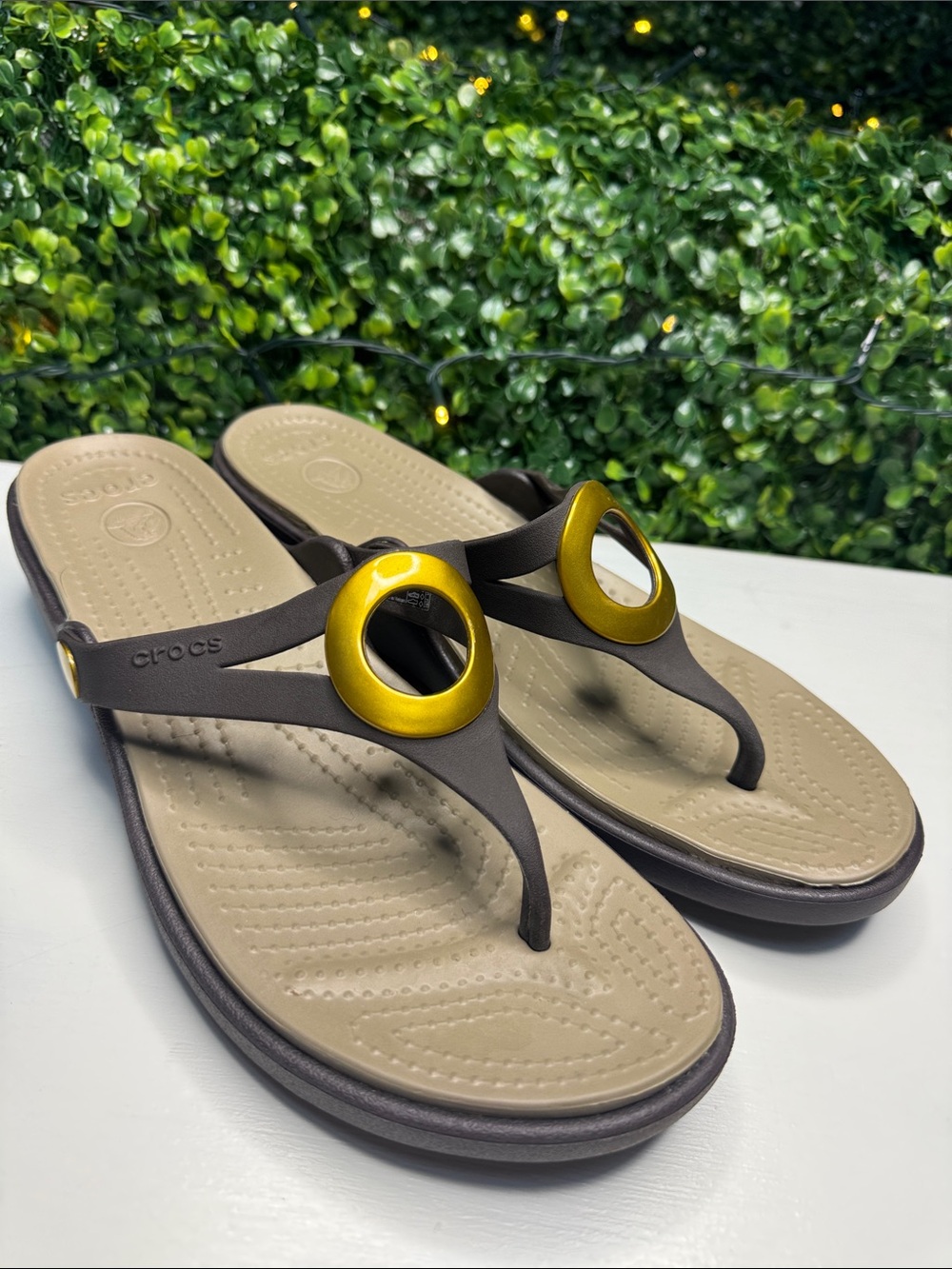 CROCS Women’s Taupe Footbed Brown Strap Sandals with Gold Accent